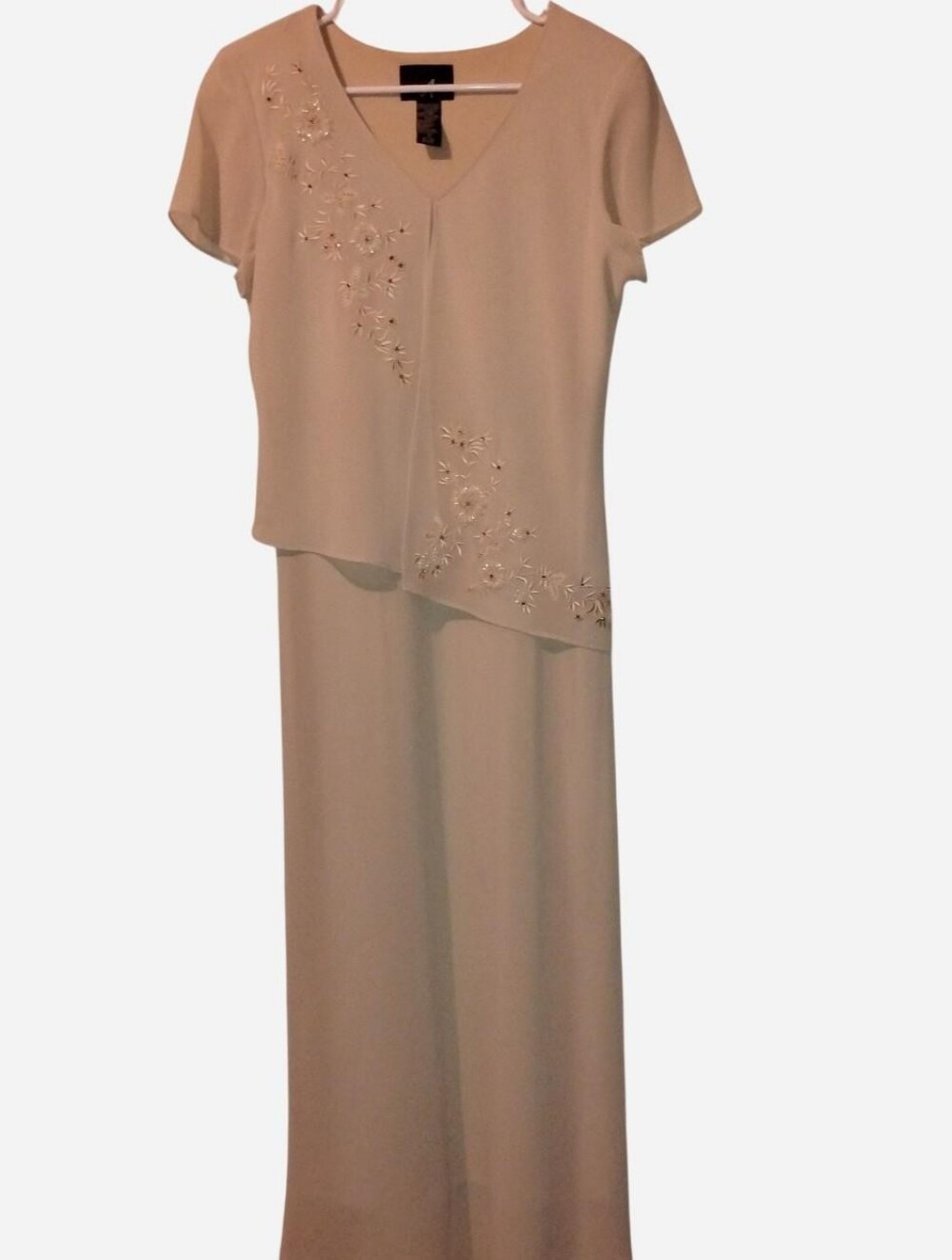 Positive Attitude Beige Embroidered Beaded Mock Two-Piece Dress - Size 10 Petite